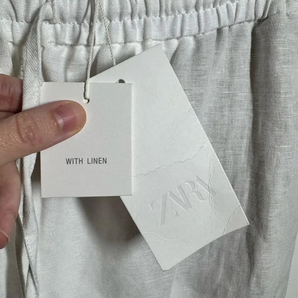 Zara Linen Wide Leg Pull On Pant Women XL White Coastal Beach Minimal Vacation